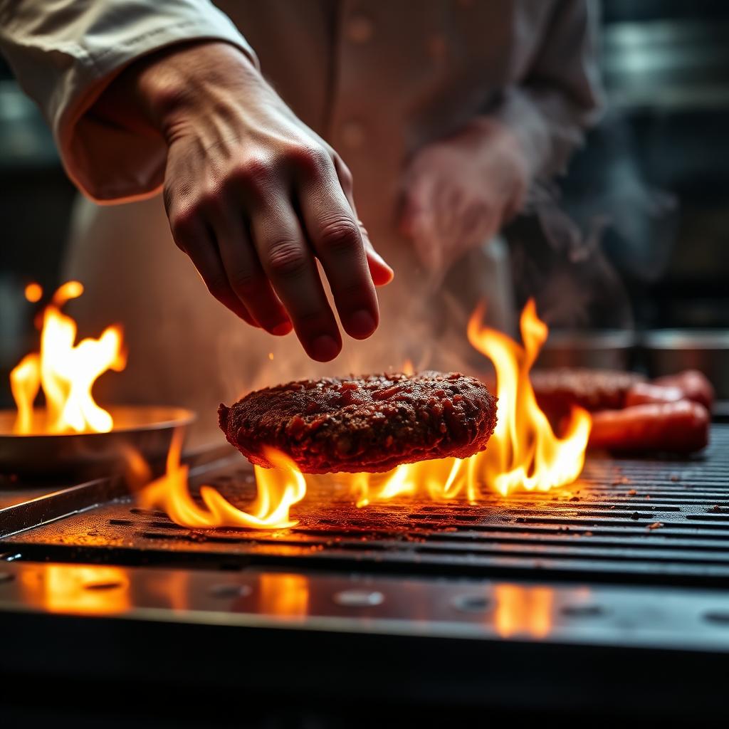 Chef preparando burger na chapa